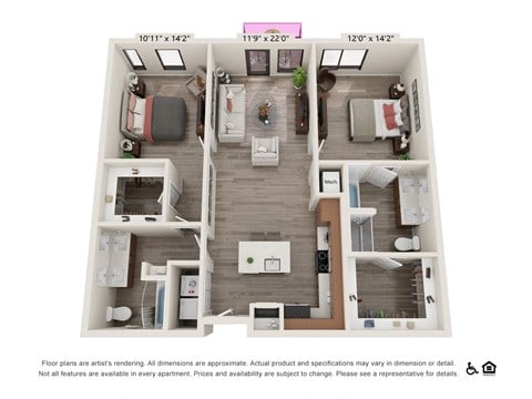 Floor plan for 2 beds, 2 baths, 1218 sqft